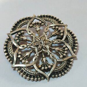 Antique Ornate Floral Filigree Pin Brooch Round  Intricate Design Metal Finish